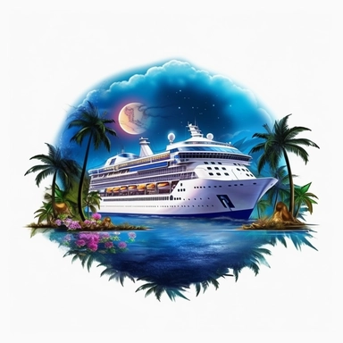 fantasy cruise ship in the moonlight, paradise island digital clipart on white background