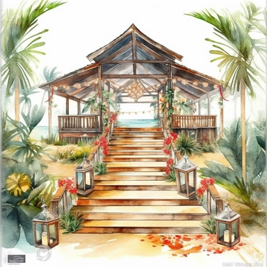 A watercolor clipart on white background of A center-angle view of a gorgeous wedding venue for wedding ceremony in A charming rustic setting with wooden details and burlap accents on white background, watercolor painting style, wedding theme color, good composition, realistic, wedding style, realistic, award winning, 4K, high quality, studio Ghibli, Samuel Melton Fishera, Elsa Beskow, Alena Aenami, Conrad Roset, Cory Loftis, David Mack, Atey Ghalian, Alena Aenami