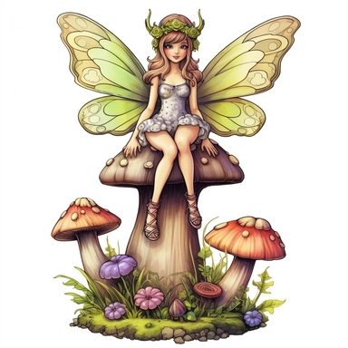 Clipart of rainbow fairy butterfly in the style of watercolour, sitting on a toadstool, clean outline, individual, magical, enchanted,