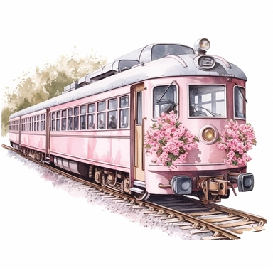 hand drawn , watercolor, hyper realistic, white background, white margins, 16k, ultra detailed clipart, cut out image, hand-drawn, ultra HD, sharp and clean art a vintage train with delicate floral , capturing the romantic and feminine aesthetics often associated with vintage fashion and travel. light pink pastel