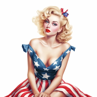 Beautiful pretty pin up woman, makeup and hair 50's style, blonde hair, diferent poses celebrating the 4th of july, paint art style, different poses, detail, clipart, white background, superrealistic, one of a kind