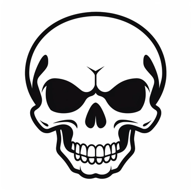 black and white silhouette of a friendly cartoon skull, clipart style, white background, thick lines, vector, simple design, flat colour, solid colour