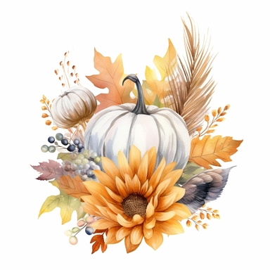 clipart, watercolor, fall flower, pastel pumpkin, pheasant feather, gourd, white background
