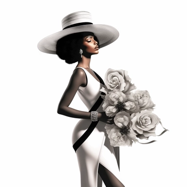Gorgeous African American Woman, Wearing A Big Hat With A Beautful Flowers On Them, Standing Stall With Black Shoes Black And White Clipart, HD, White Background