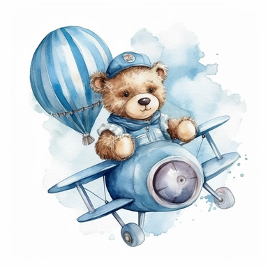 Watercolor Teddy Bear waring blue shirt, flying a toy aeroplane clipart on a white background