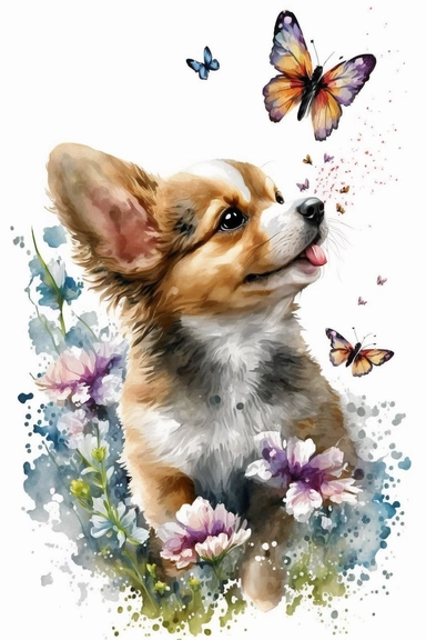 Adorable chiot jouant avec papillon et fleurs : Clipart aquarelle,réalisé félin mignon, utilisation commerciale, 300 DPI, Art mural, fabrication de cartes,