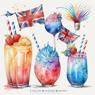 5 colourful vibrant summer british cocktail drinks, red an blue birthday balloons, an extra large gold king crown, waving union jack flags, symbolic icons, buntings, detailed pencil watercolor illustration clipart pure white background #FFFFF