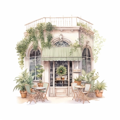 commercial shot of illumination of realistic vintage purpele pastel french cozy cafe clipart, cute plants , french cafe, with plants plants, god rays, high quality, intricate design, clipart witchcore dreamcore cottagecore white background no text, isolated on white, ghibli style, award winning