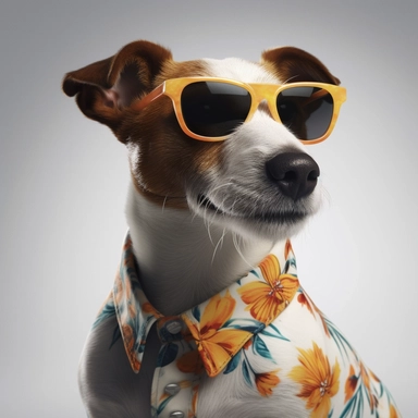 A hyper-realistic Jack Russell Terrier dog wearing a stylish Hawaiian shirt and cool sunglasses, depicted on a white background in a clip art style. Cinematic, hyper-detailed and insanely detailed, the image is beautifully colored with the help of the Unreal Engine. The depth of field (DOF) effect enhances the visual impact, while the super resolution and high megapixel count ensure exceptional image quality. Lighting is rendered with cinematic precision, incorporating anti-aliasing techniques l
