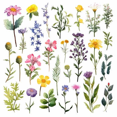 A charming and whimsical set of watercolor wildflower botanical floral clipart, consisting of a diverse assortment of hand-painted wildflowers in vibrant, yet soothing colors. The artist demonstrates their mastery of the watercolor medium by depicting the delicate petals, leaves, and stems with exquisite detail and fluidity. The clipart collection features an assortment of wildflowers, including cornflowers, buttercups, and wild roses, ideal for crafting a lovely and inviting design for various 