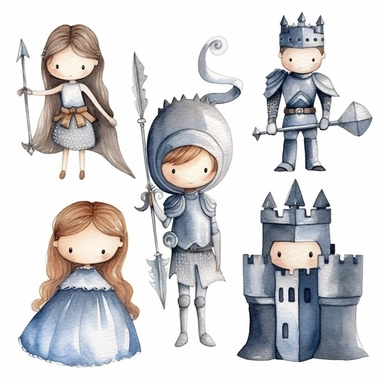 cute hand drawn watercolor clipart set on white background featuring a princess, a knight in armour, a prince and a castle like this by luxtux--ar 125:187