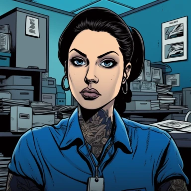 a 32-year-old curious inquisitive goth frumpy female mailroom worker in work clothes, blue palette, clipart, pop art, flat shaded, clean and sharp inking, high contrast chiaroscuro portraits