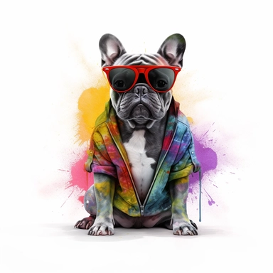 french bulldog, transparent backround,clipart,4k hd,full body,different positions,shot sleved clothes,sunglasses, really really colorful