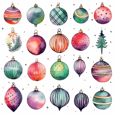 Watercolor line art, little squares filled with doodly patterns of  xmas ,ornaments and decorations , illustrations clipart set, simple, christmas colors , cartoon elements, different variants , stocking, bubble ornaments, xmas wreath, modern art, separate elements with a margin