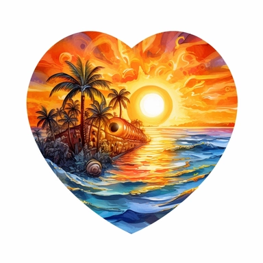 Watercolor Beach Sunsets Background, spiral heart shape (full shape, not cut), PNG Clipart, Illustration clipart, 4K, extremely detailed Sublimation Clipart,Cartoon,hyper realistic, intricate detail, illustration style,high solution,on the white background