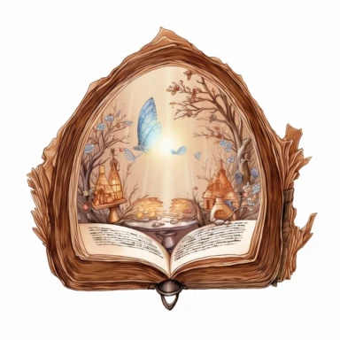 a fairytale magic oval mirror coming out of an open book with light brown crumpled pages, in the style of a high detail watercolor clipart on white background
