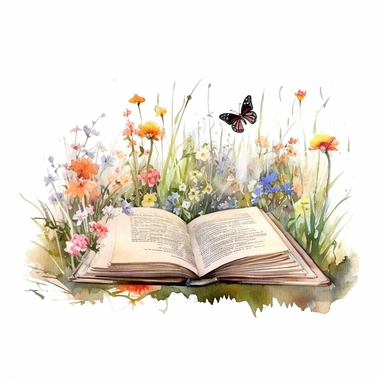 a magical old open book, beautiful watercolor flowers, greenery, grass and little butterflies between de booksides, like a brush painting, highly detailed clipart, white background