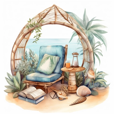 Beach Reading Nook clipart, Coastal Reading Corner, Beach Boho, watercolour style