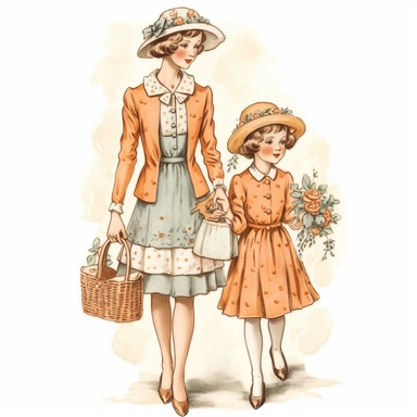mother's day clipart, mom and daughter, vintage clothes