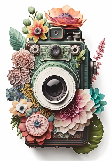 a watercolor vintage photo camera, profil view, surrounded by an intricate arrangement of dramatic extravagant ultra realistic contrasted digital multicolor 3D happy giant tropical flowers, in the style of large-scale photography, lush detailing, watercolor style, pastel colors, sacred geometry, origamy, kaleidoscope, photorealistic, playfully intricate, made of flowers, bloomcore, 8K, clipart, clear background