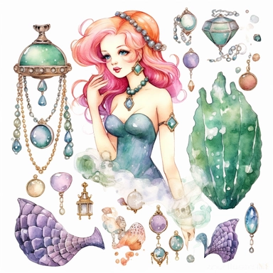 watercolor clipart mermaid clipart , jewels, treasure chest, pearls , shells with pearls, cute fish, seaweed , cartoon detailed