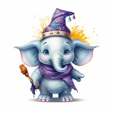 vector cute Elephant character wearing wizard custom and wizard element with happy face ,front facing on isolated background,colorful color,with happy face and expression,Animal Sublimation Clipart,no splash watercolor,white background, ultra detailed clipart, cut out image, colorful watercolor realistic, cartoon style, ultra HD, sharp and clean art