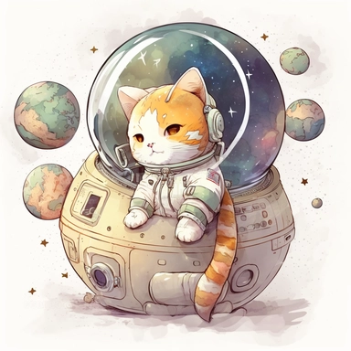 Astro the kitty astronaut decides to investigate and heads towards the Moon, Watercolor Clipart,comic, strybk, full Illustration, 4k, sharp focus, watercolor, smooth soft skin, symmetrical, soft lighting, detailed face, concept art, muted colors, watercolor style, strybk, children's style fairy tales, chibi kawaii, . Octane rendering, 3d. Perfect face, detailed face, delicate face, perfect sharp lips, detailed eyes. Craig Davison, Aubrey Beardsley, Conrad Roset, Aikut Aidogdu, Agnes Cecil, water