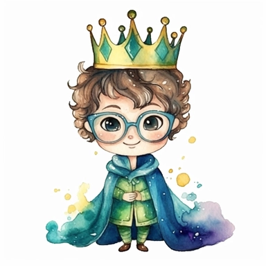 Clipart of a cute little king smilling. He is wearing a very beautiful suit and a cute blue cape. He is brunette and curly hair and with green eyes. He is wearing cute glasses. The crown is very boyish and made of gold. The background is watercolour and sparkly. 4K