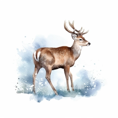 christmas mood, brown deer walking on a snow, clipart style, watercolor technique, super high quality, professional watercolor clipart, high resolution, isolated white background, 8k, pastel blue colors