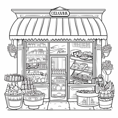 coloring book page, bakery window display, clipart, image of cute bakery, coffee shop, simple and cute, clean and simple line art to paint decorative