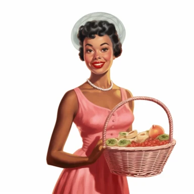 vintage 1950s illustration black woman with basket of meat Clipart, on a white background, vintage aesthetic, character focus, 4K resolution, no background, realistic rendering, use using Cinema 4D