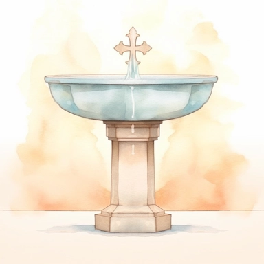 Graceful Baptism Watercolor Clipart - Baptismal Font: This artwork features a baptismal font depicted in pastel beige, symbolizing the water used during the baptism ceremony and the renewal it brings.