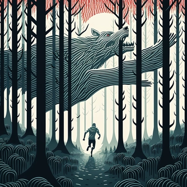 in the style of John Kenn Mortensen, trail runner with wolf head, through white birch forest, chased by monsters, ghosts, animals, spooky, colorful, white background, magical, fantasy, vector, clipart, elaborate, ultra-detailed, best quality, well composed, vibrant color tone, trending on artstation, elaborate, cinematic lighting, vibrant colors, high definition