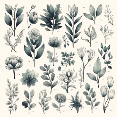 Design a collection of minimalistic clipart, watercolor, separate hand-drawn line art illustrations, each representing a distinct botanical flower or leaf. Inspired by the elegance of logo design, focus on capturing the essence of each plant element through simple, yet memorable shapes and lines. Create visually striking images that stand out on their own, while still maintaining a cohesive theme, showcasing the delicate beauty of nature's hidden gems in a contemporary and stylish way. These des