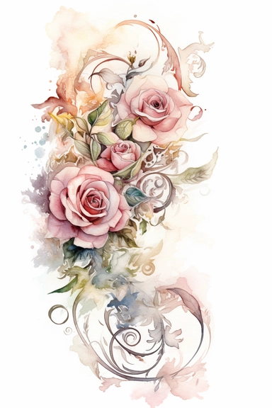 asymetrical, page boarder, clipart, front view, ornate, whimsical nursery illustration of a magical mystical roses in soft watercolor, isolated on a solid white background