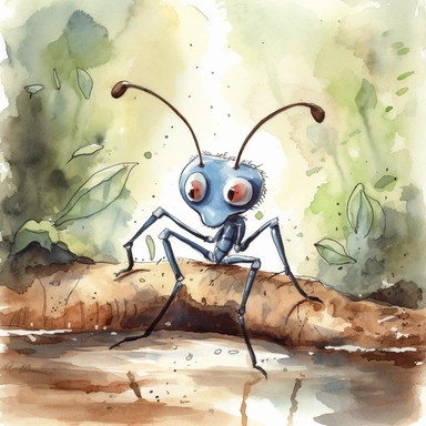 a humanoid looking Ant in water colour in the style of clip art, with big blue eyes working hard, with humanoid features in the forest near his ant hill, ants in the background