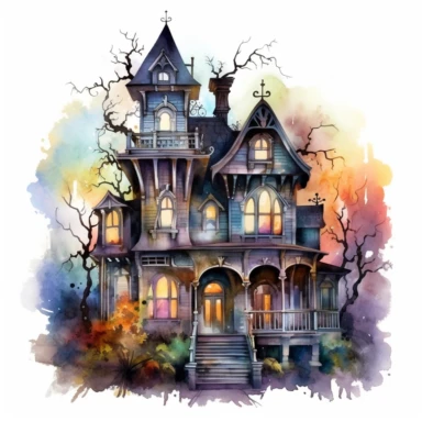 elaborate and detailed colorful watercolor haunted house, clip art, white background