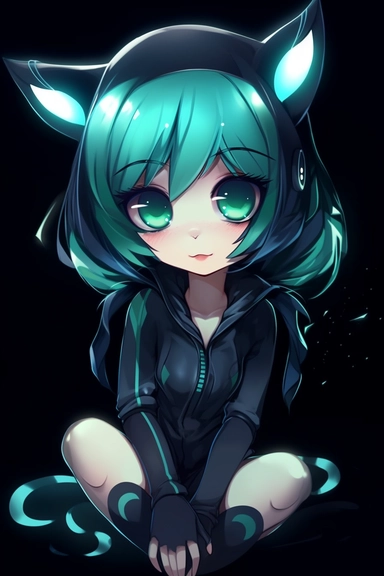 Clipart logo, pencil drawing, bold lines, Cartoon-like character, Cute Catgirl [black latex bodysuit, Turquoise Green Medium Hair, short Hime Cut with side bangs, Green eyes, feminine, neck band, blue eyes], soft gradient, dramatic light, stylized
