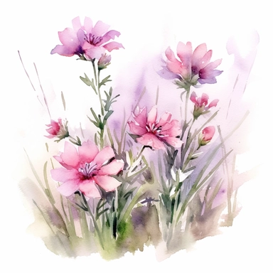 Serene watercolor depiction of pink flowers gently swaying in a meadow, portrayed from a top-down angle, with the composition evoking a sense of peace, serenity, and the timeless beauty of nature's harmonious rhythm, clipart on a clean white background.