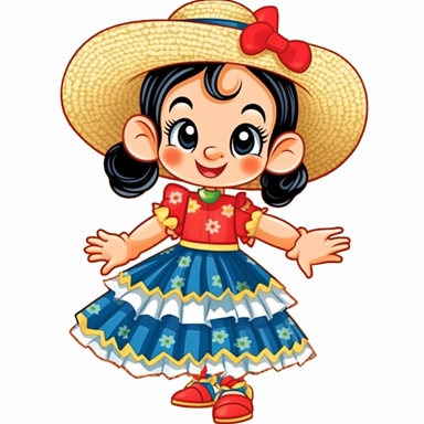 a cute blond little girl dressed for a brazilian junina party, with a blue and yellow flowing dress, braids in her hair, red shoes, happy, Monica's gang style, Graphics Maurício de Sousa, digital art, big eyes, cartoon, clipart , country girl from festa junina from brazil cute drawing white background
