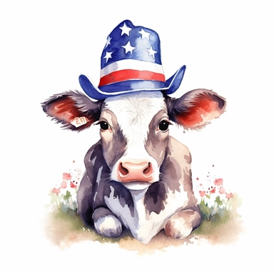 american flag day, watercolour clipart, beautiful calf cow wearing americam hat sitting in grass, sublimations