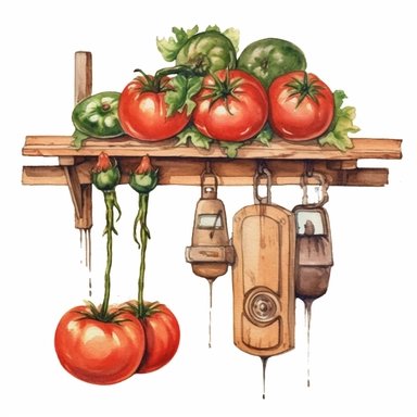 tomatoes on a wooden hanger, watercolor clipart & clip art, in the style of light red and dark gray, narrative paneling, classic american cars, uhd image, hand lettering, depiction of rural life, wood