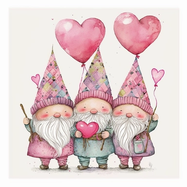 Watercolor happy 3 pink gnomes valentine theme with pink heart balloons, Clipart, Colorful, Retro, highly detailed on white background