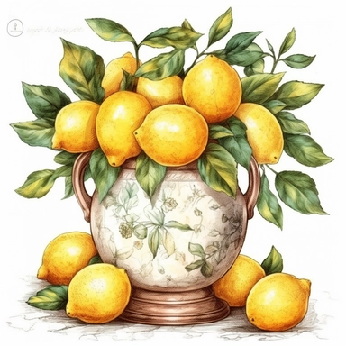 realistic vase full of lemons with leaves, standing on the vintage table, vintage, very detailed, hipster style cafe, white background, still life photography, food photography, dessert photography, dreamy, clipart, watercolor illustration style