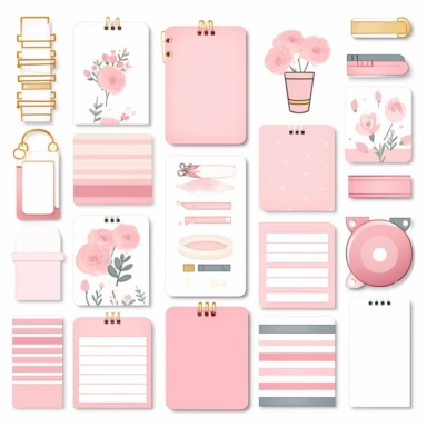 blank notepad cliparts on white background, soft colors, pink, planner elements, good notes stickers clip art sheet, goodnotes elements, scrapbooking elements, ephemeral, notepads, washi tape, labels, planner elements, checklists
