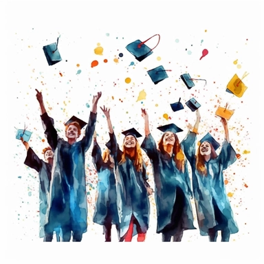 watercolor style, Graduation hat toss: Clipart showing a group of graduates throwing their caps in the air, celebrating the completion of their studies. clipart, isolated on white background, 4K