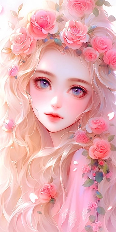 Watercolor beautiful wild roses fantasy forest fairy girl with beautiful face and big eyes with flowers, with smile, chibi kawaii animated style, vivid vibrant colors, intricate detail, hyper detailed, hyper quality, 32K, unreal engine, isolated on white background, kawaii, clipart