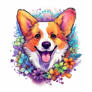 ector of a cute happy corgi in hyper real beautiful japanese tattoo, paint art style, clipart, detail design, colorful, contour, white background, magnificent,