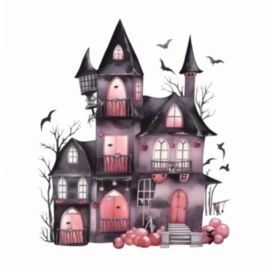 Halloween scary house, dark pink and gray color, watercolor, clipart, illustration, white background