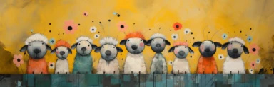 a row of cute miniature lambs, a collage of mixed media art made with tissue paper, magazine and newspaper clippings, oil paint, graphite pencil lines and fabric, in the style of playful surrealism, whimsical, washi tape